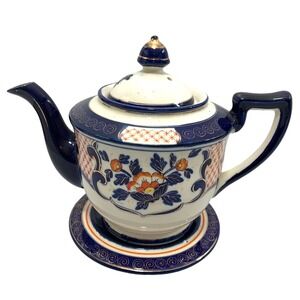 Vtg Moriyama Ceramic‎ Teapot & Resting Plate Cobalt Blue Red Gold Gilded Japan